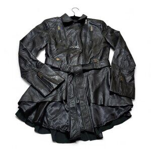 Caranni Womens S 4 Peplum Moto Gothic Lambskin Leather Trench Jacket With Tie